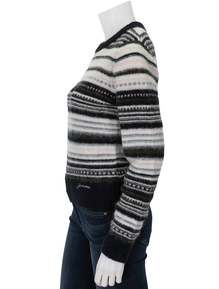 Side view of GANNI's soft wool stripe cardigan in black.