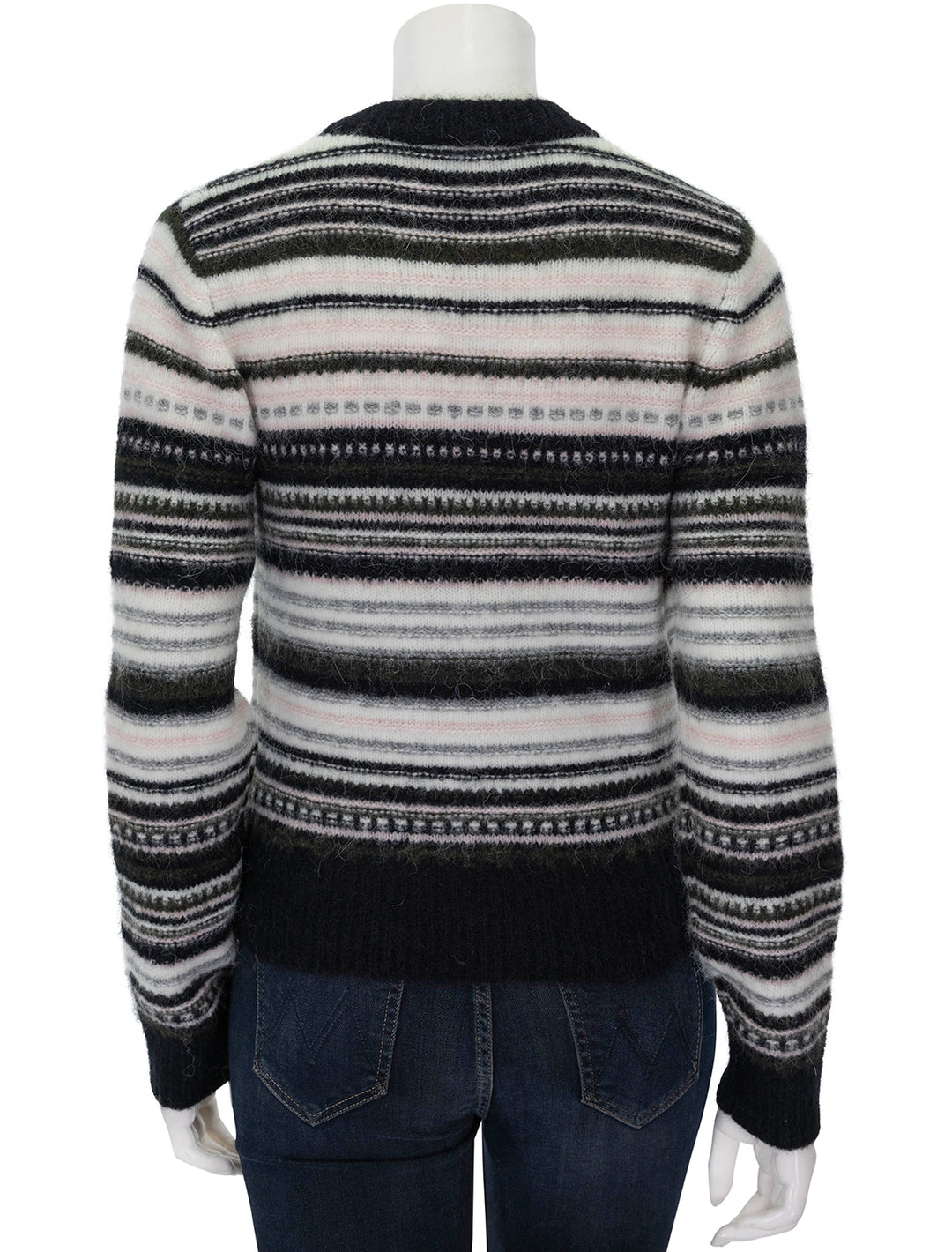 Back view of GANNI's soft wool stripe cardigan in black.