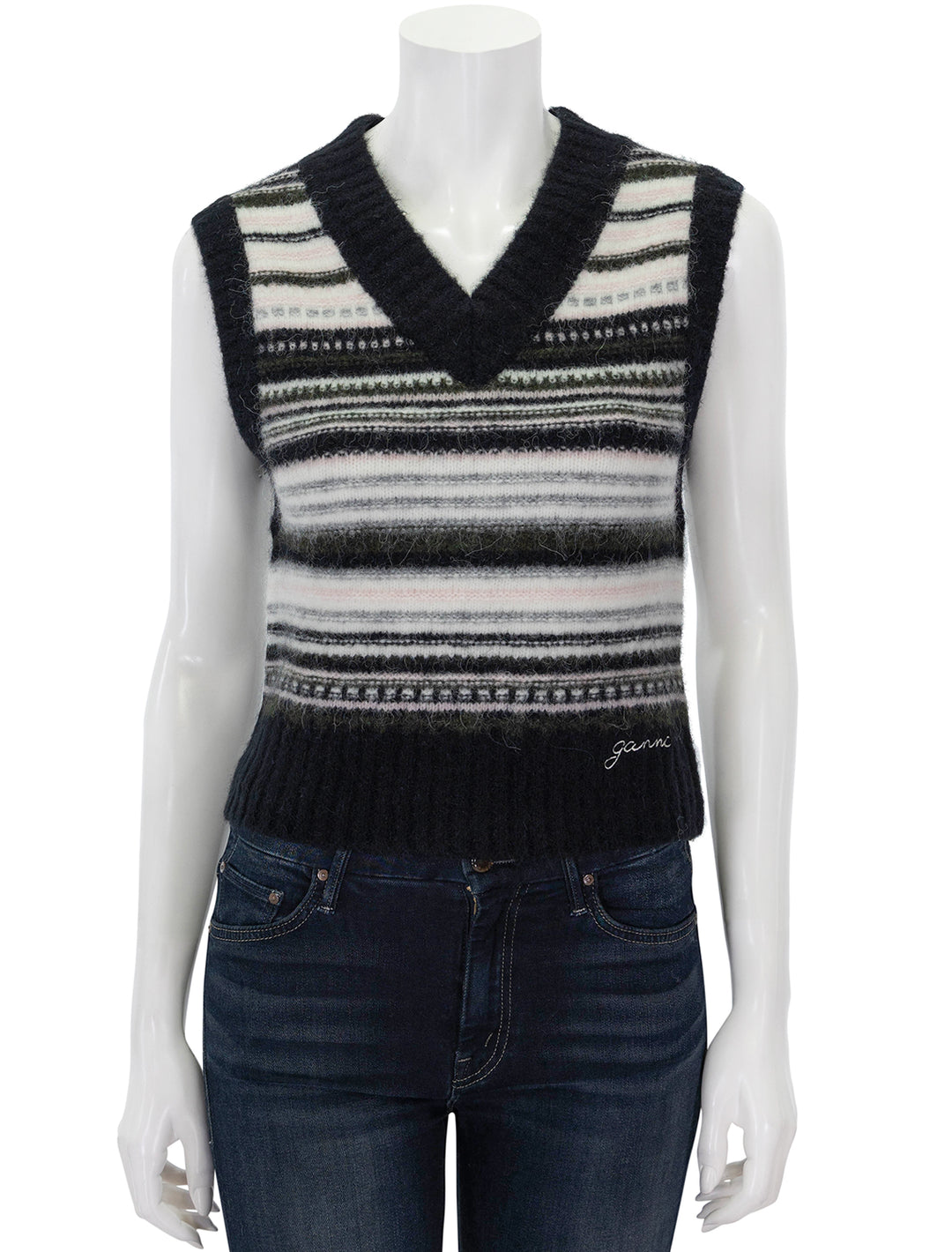 Front view of GANNI's soft wool stripe vest in black.