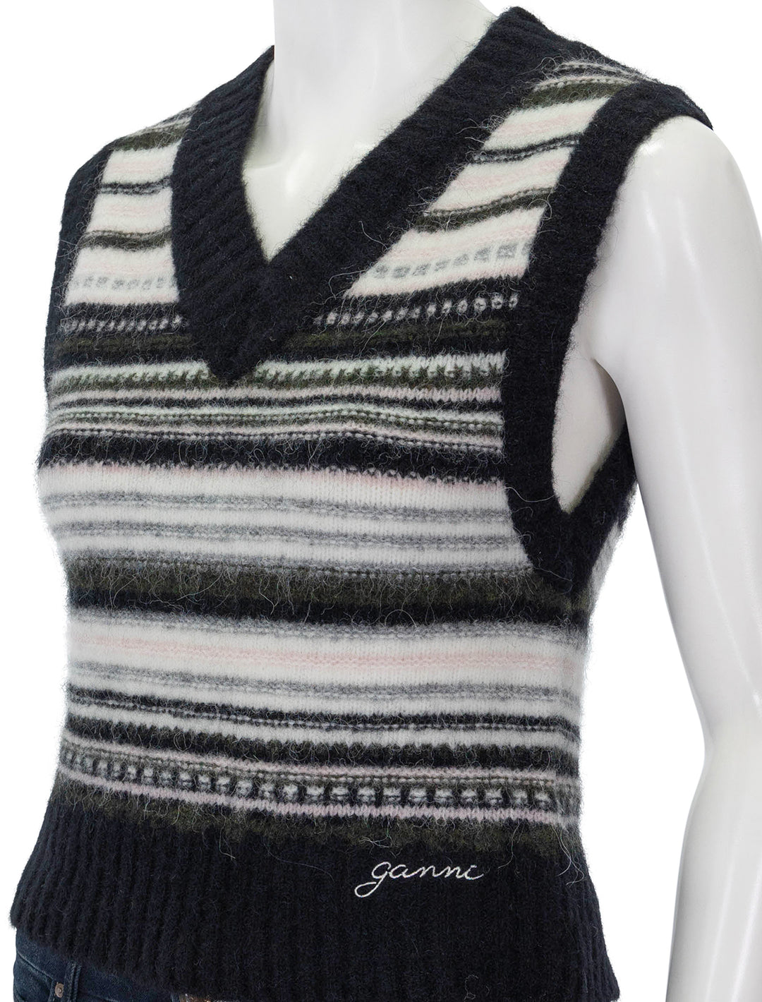 Close-up view of GANNI's soft wool stripe vest in black.