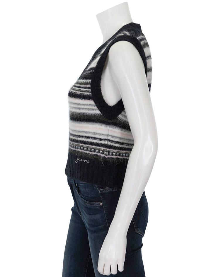 Side view of GANNI's soft wool stripe vest in black.