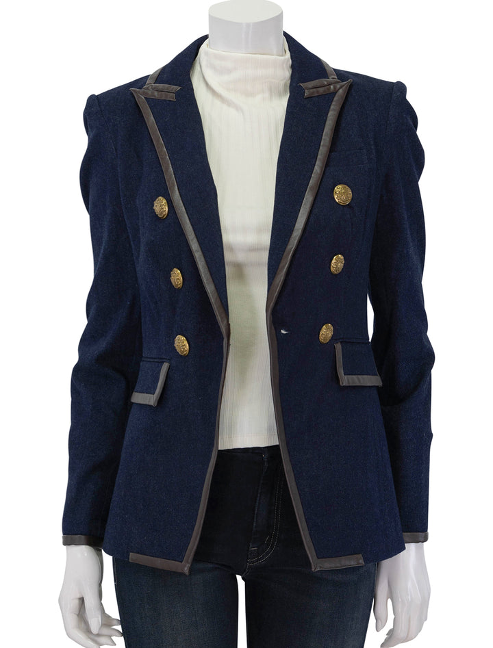 Front view of Veronica Beard's miller dickey jacket midnight wash, unbuttoned.