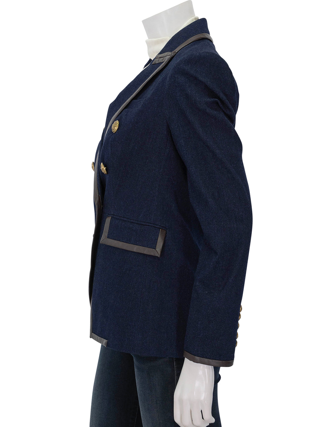 Side view of Veronica Beard's miller dickey jacket midnight wash.