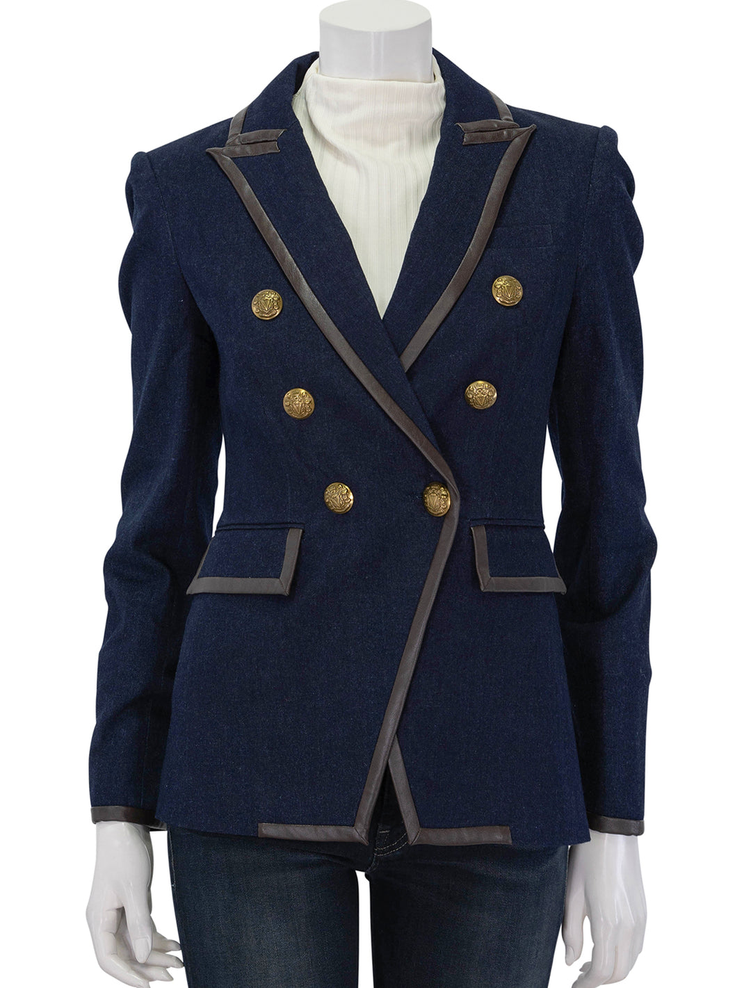 Front view of Veronica Beard's miller dickey jacket midnight wash, buttoned.