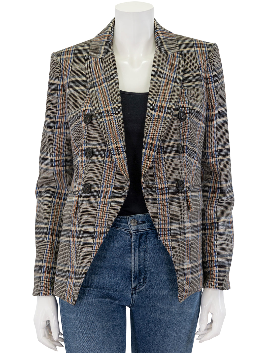 Front view of Veronica Beard's miller dickey jacket in black multi plaid, unbuttoned.