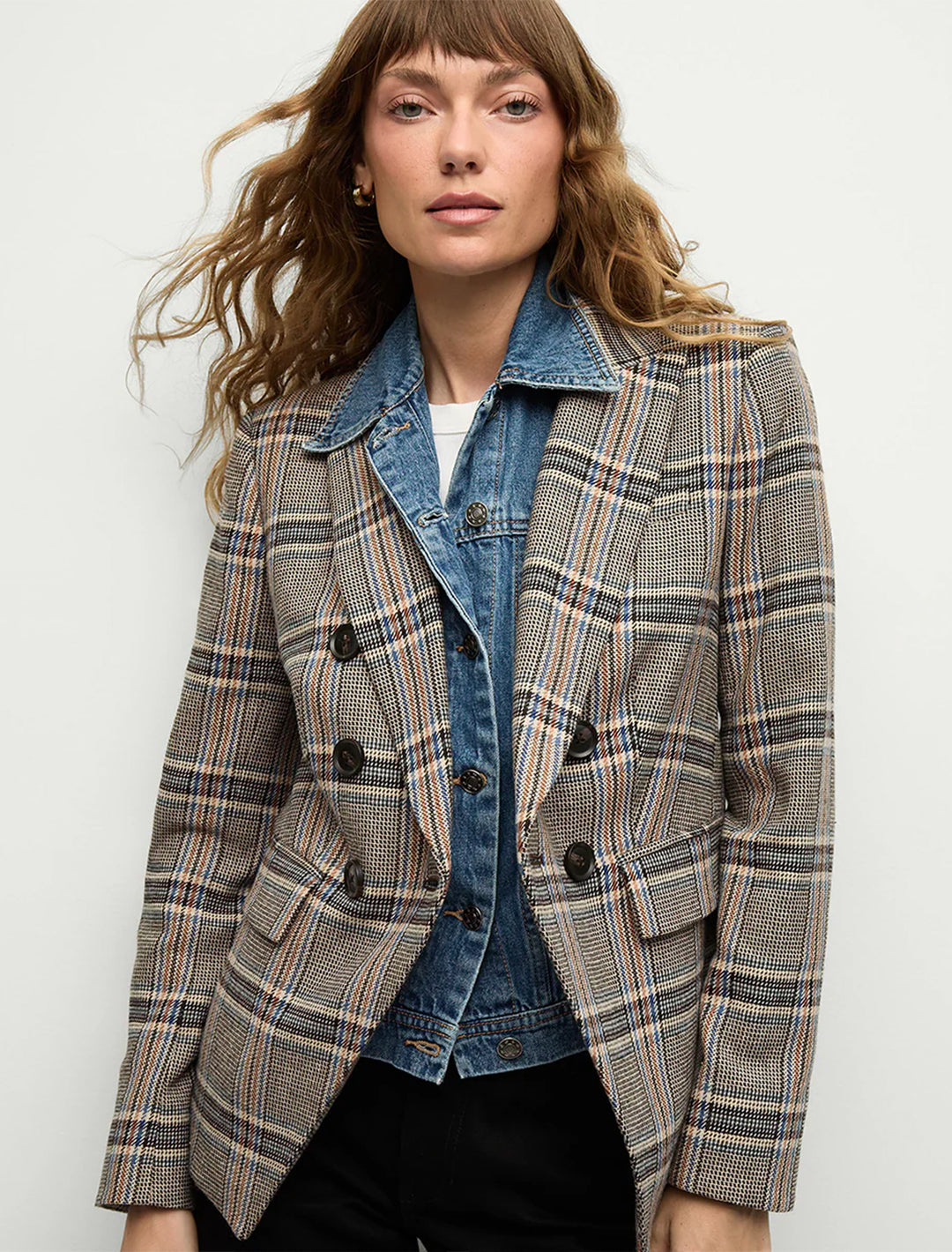 Model wearing Veronica Beard's miller dickey jacket in black multi plaid.