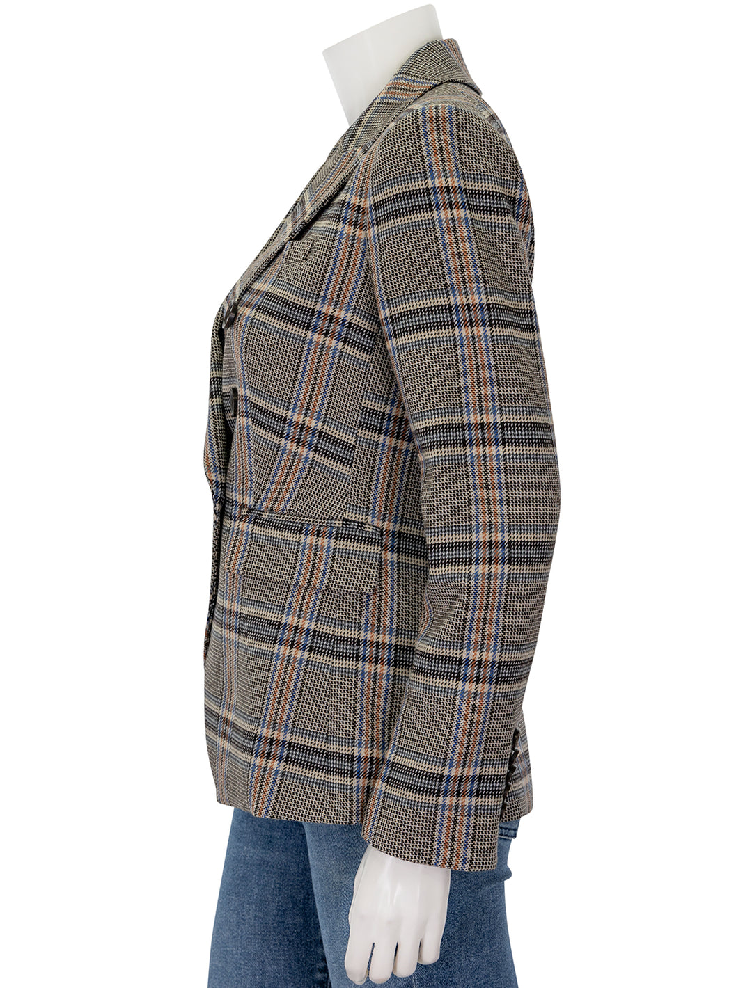 Side view of Veronica Beard's miller dickey jacket in black multi plaid.