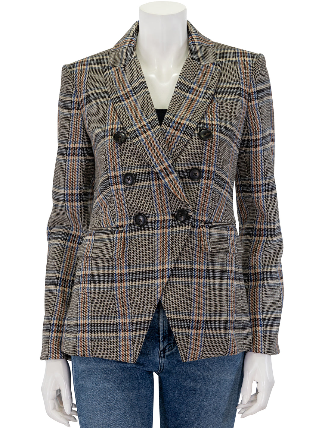 Front view of Veronica Beard's miller dickey jacket in black multi plaid, buttoned.