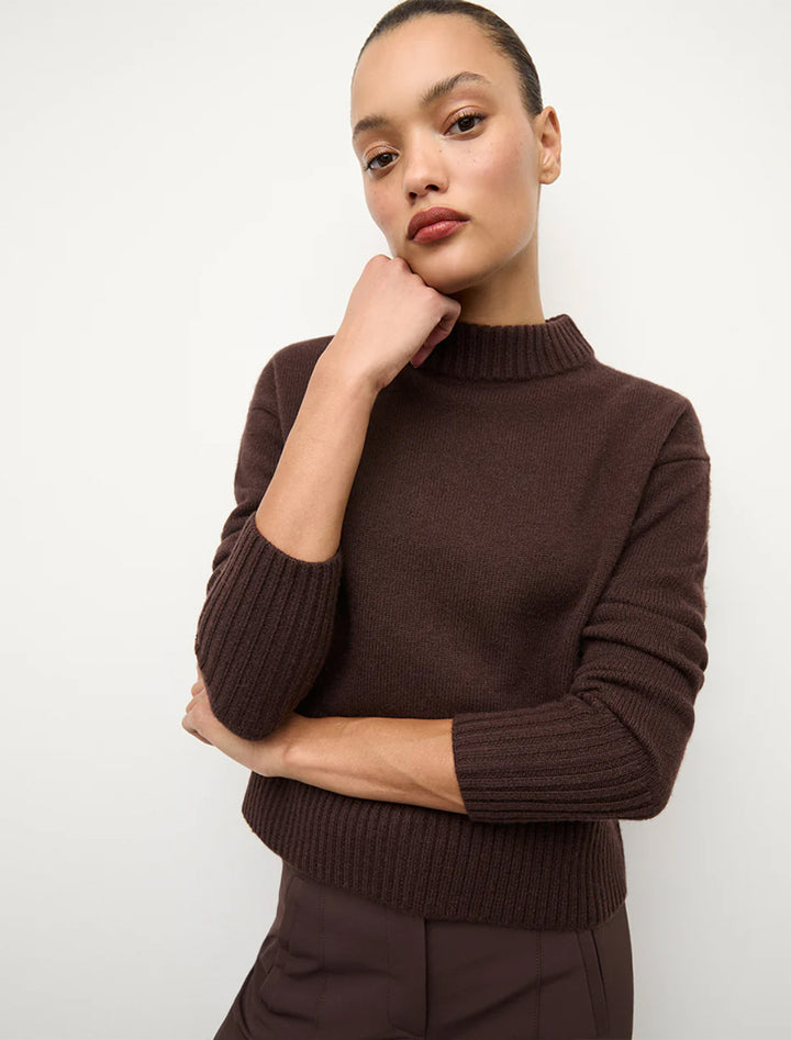 Model wearing Veronica Beard's andi sweater in dark chocolate.