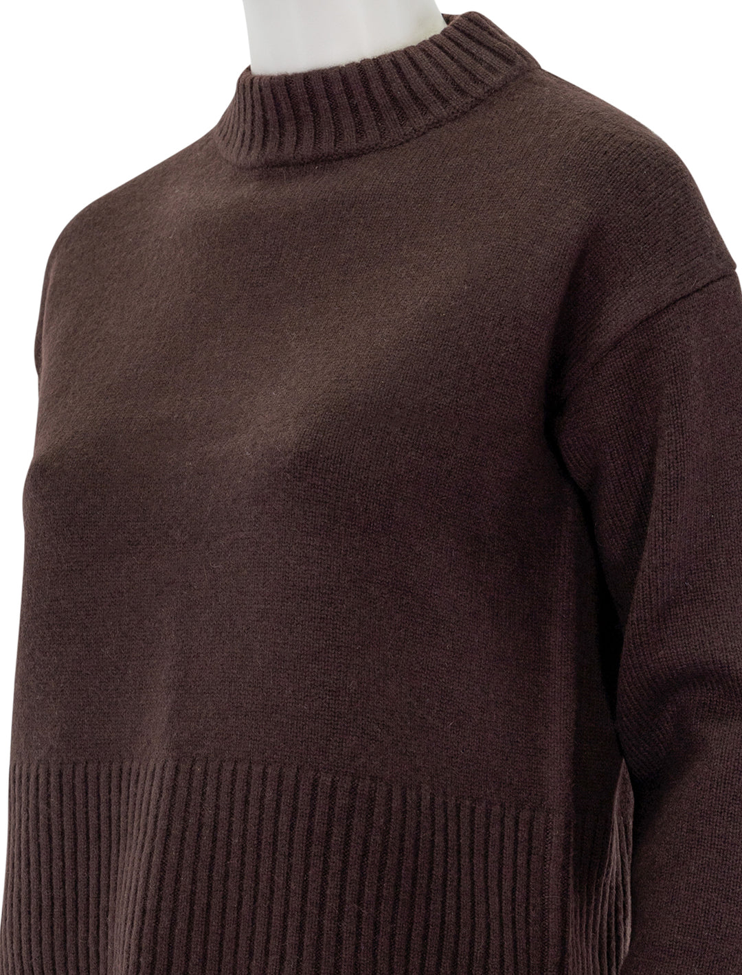 Close-up view of Veronica Beard's andi sweater in dark chocolate.