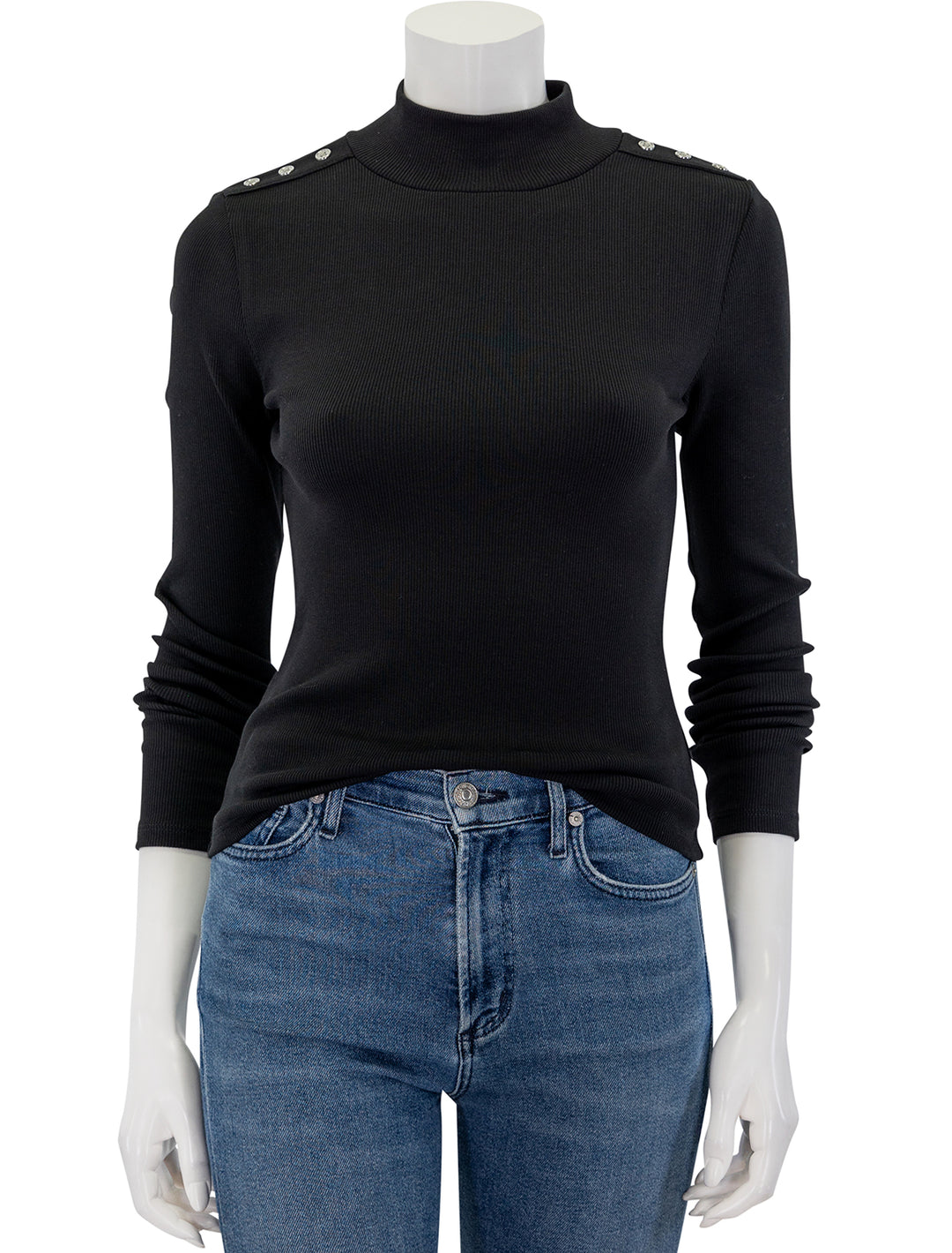 Front view of Veronica Beard's nate top with buttons in black.