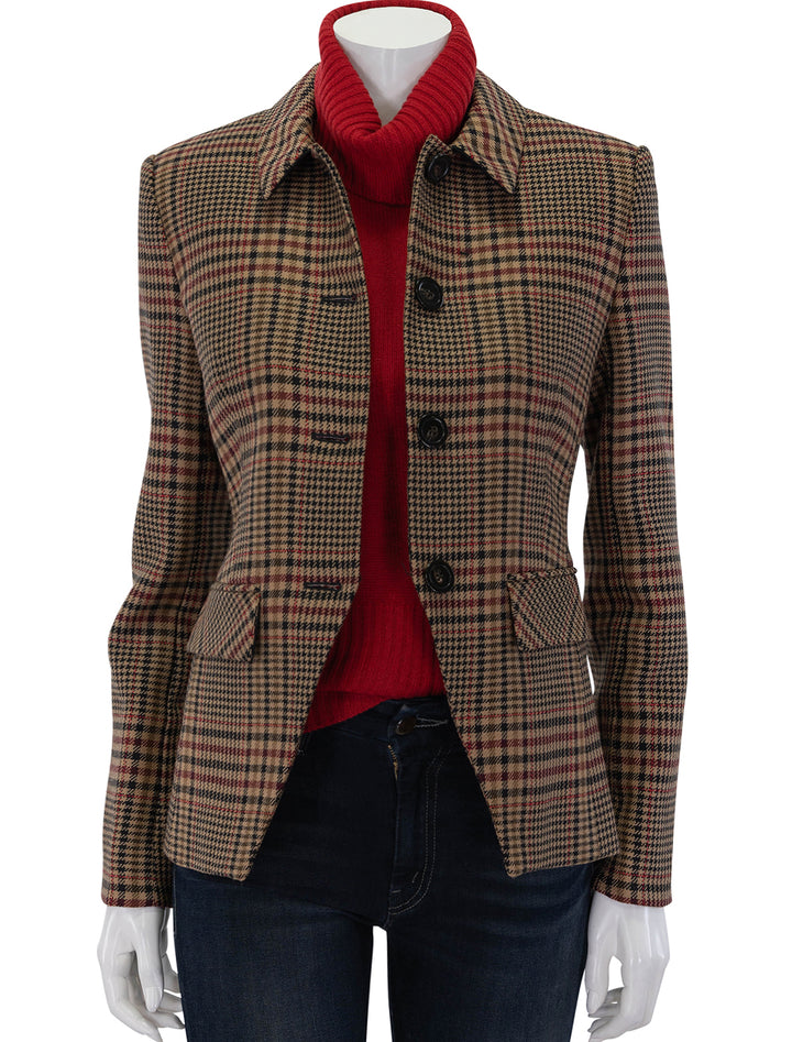 Front view of Veronica Beard's aire dickey jacket in camel and black plaid, unbuttoned.