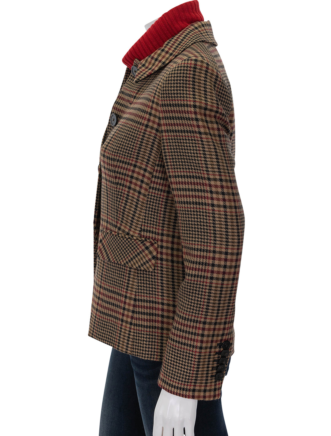 Side view of Veronica Beard's aire dickey jacket in camel and black plaid.