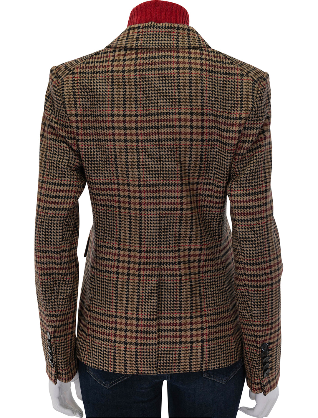 Back view of Veronica Beard's aire dickey jacket in camel and black plaid.