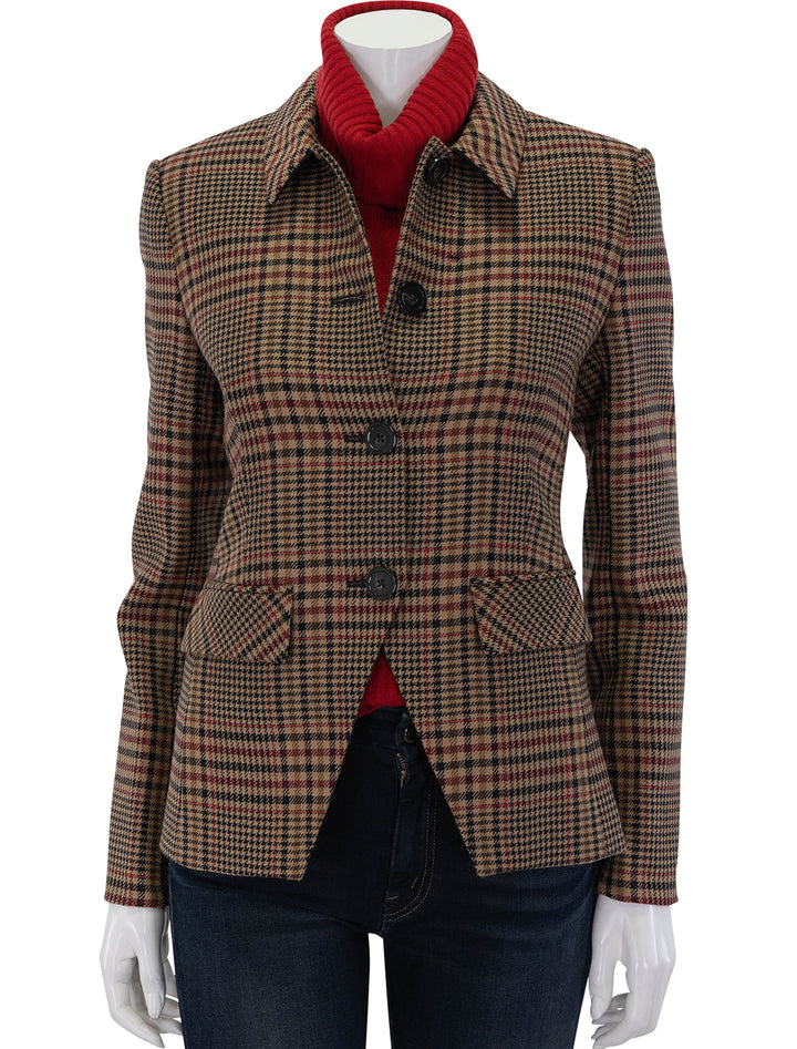 Front view of Veronica Beard's aire dickey jacket in camel and black plaid, buttoned.