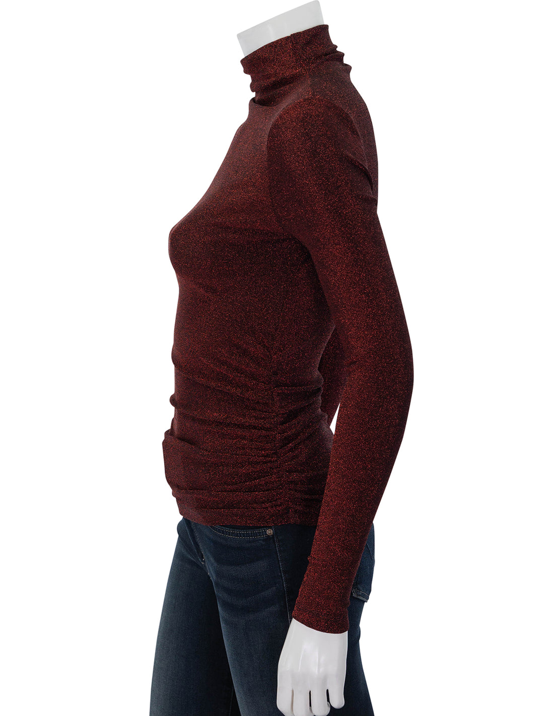 Side view of Veronica Beard's mylie top in crimson lurex.