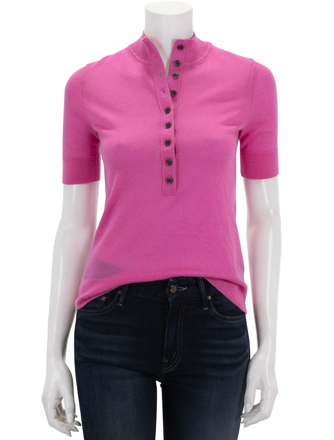 Front view of Derek Lam 10 Crosby's violette cashmere button up mockneck in macron.