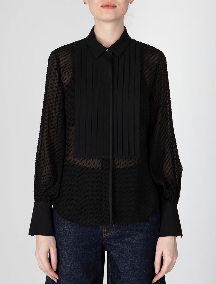 Model wearing Derek Lam 10 Crosby's Oriel Dot Jacquard Shirt in Black.