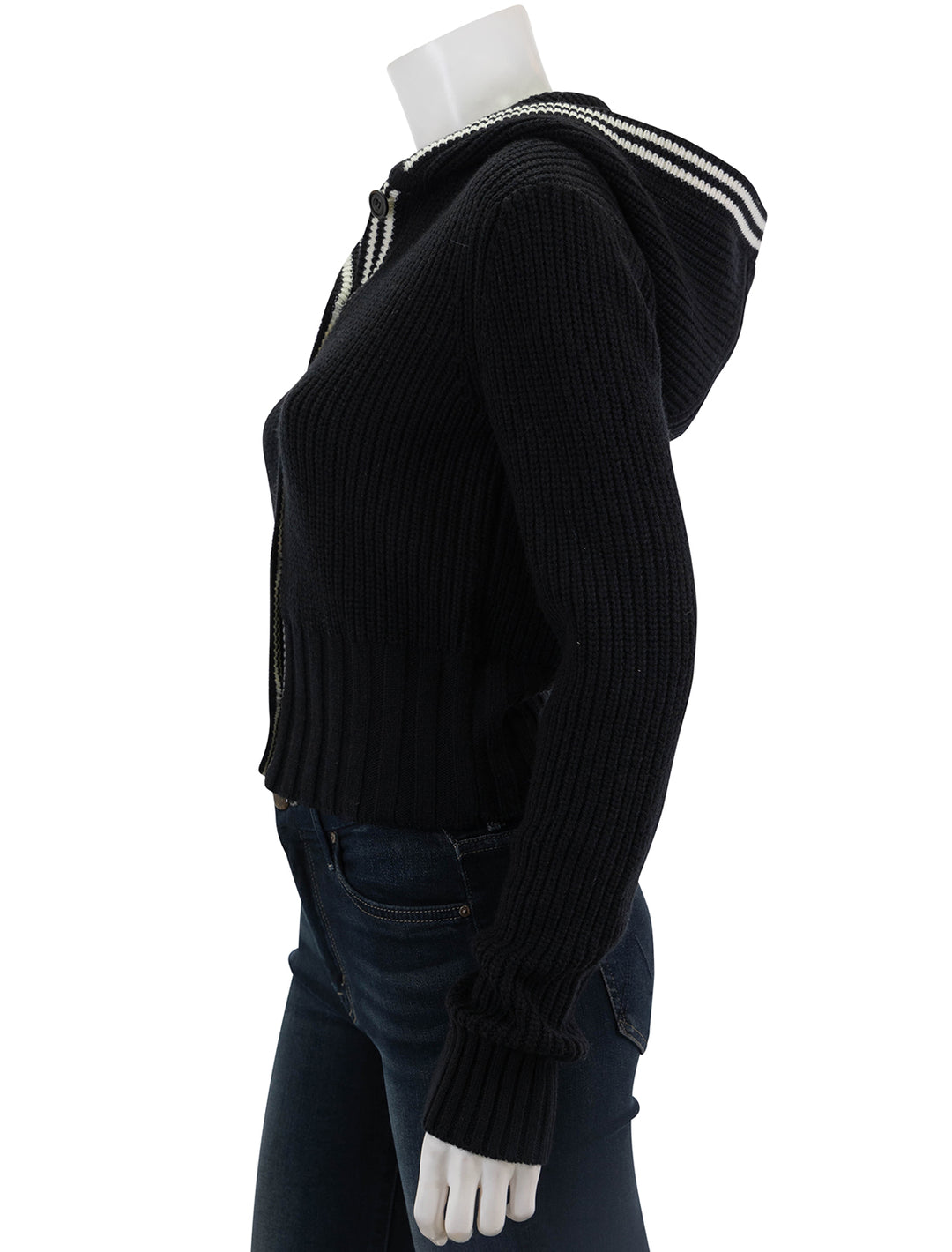 Side view of ATM's merino blend hooded cardigan in black and chalk.