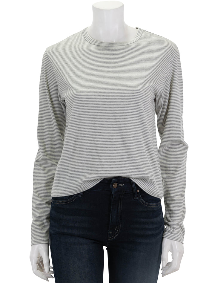 Front view of ATM's micro stripe long sleeve crew neck tee in grey and white.