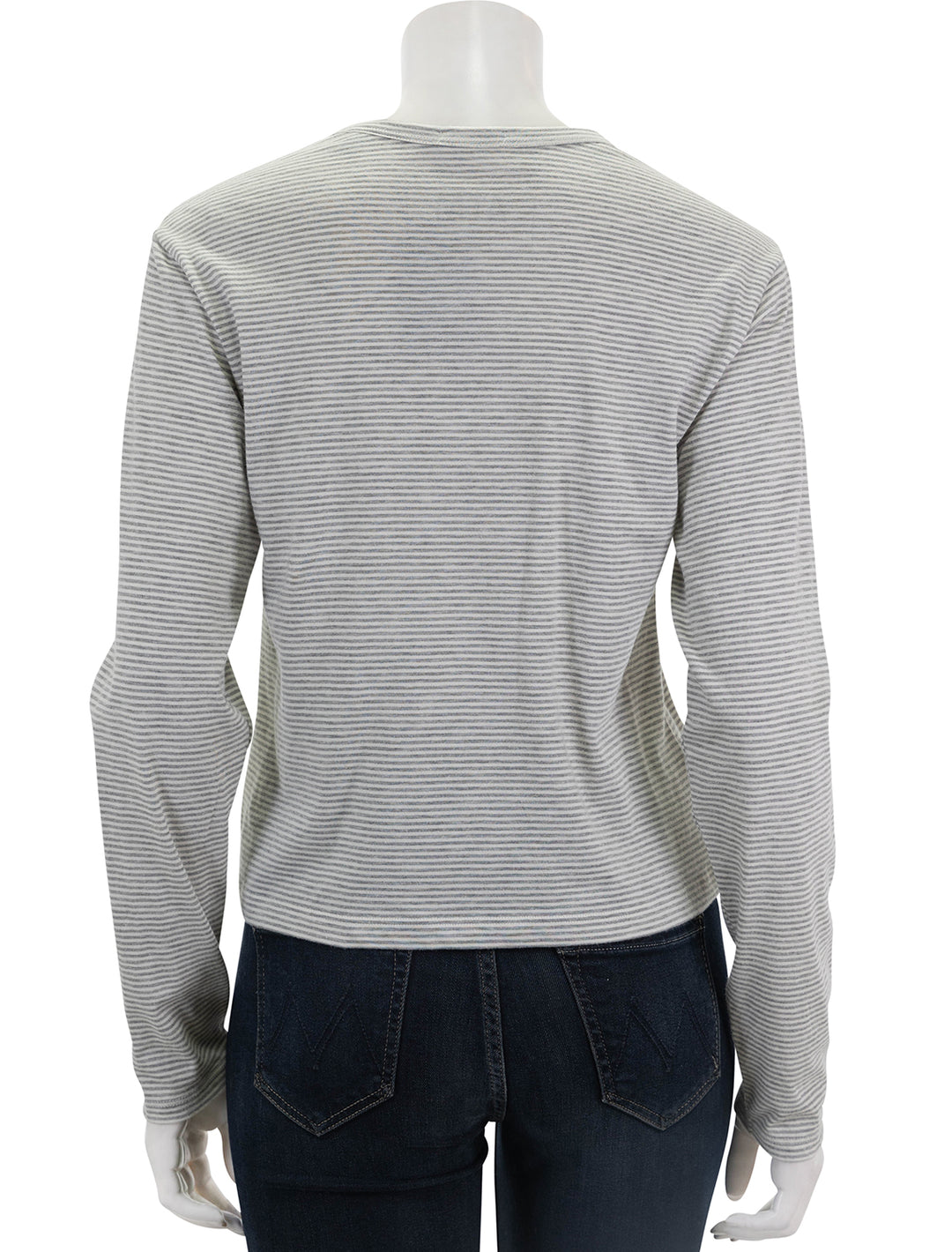 Back view of ATM's micro stripe long sleeve crew neck tee in grey and white.