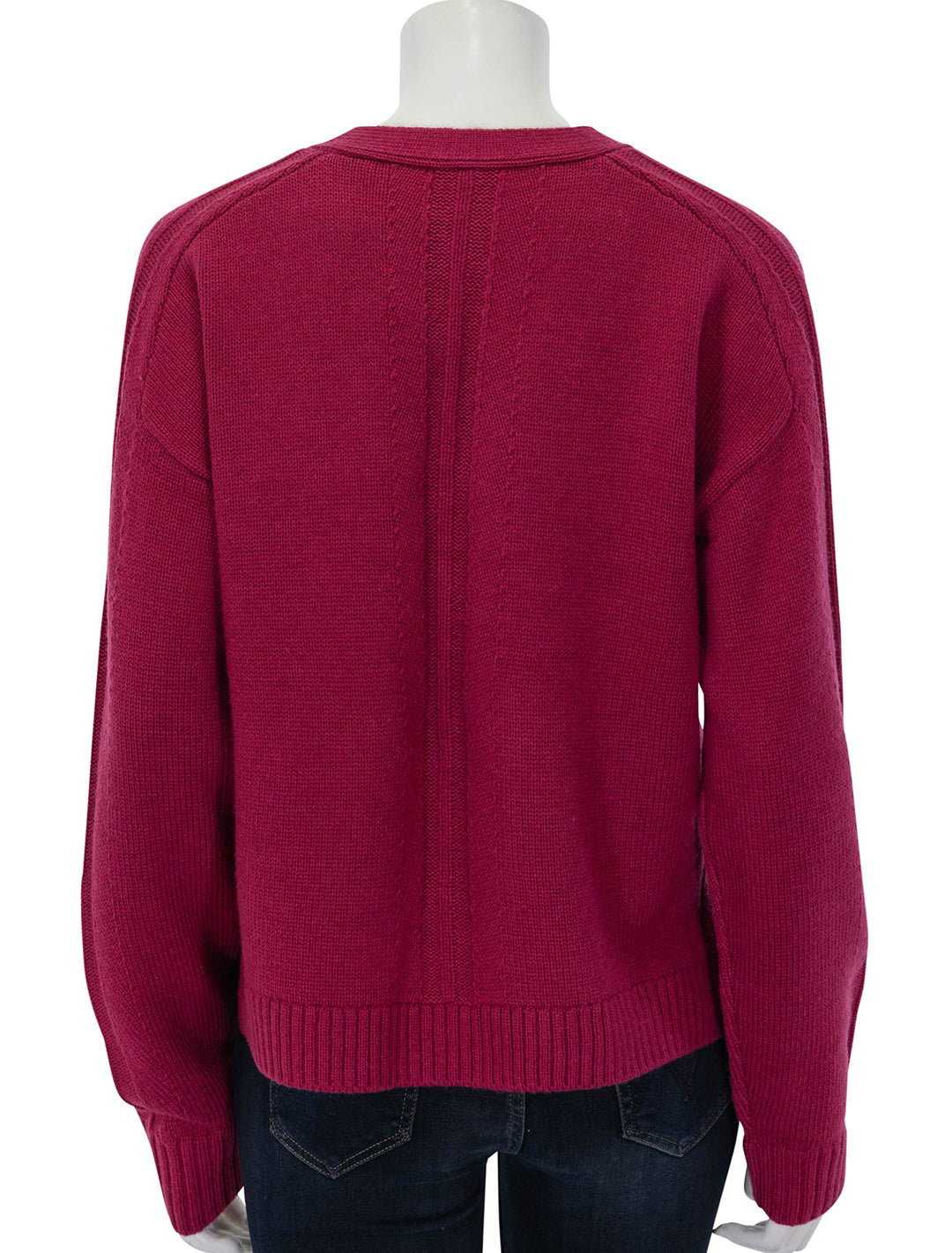 Back view of ATM's merino blend cardigan in rubellite.