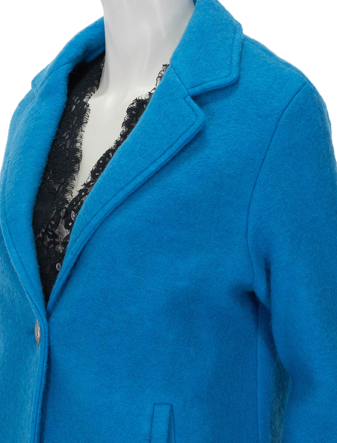 Close-up view of Vilagallo's alberta coat in bright blue.