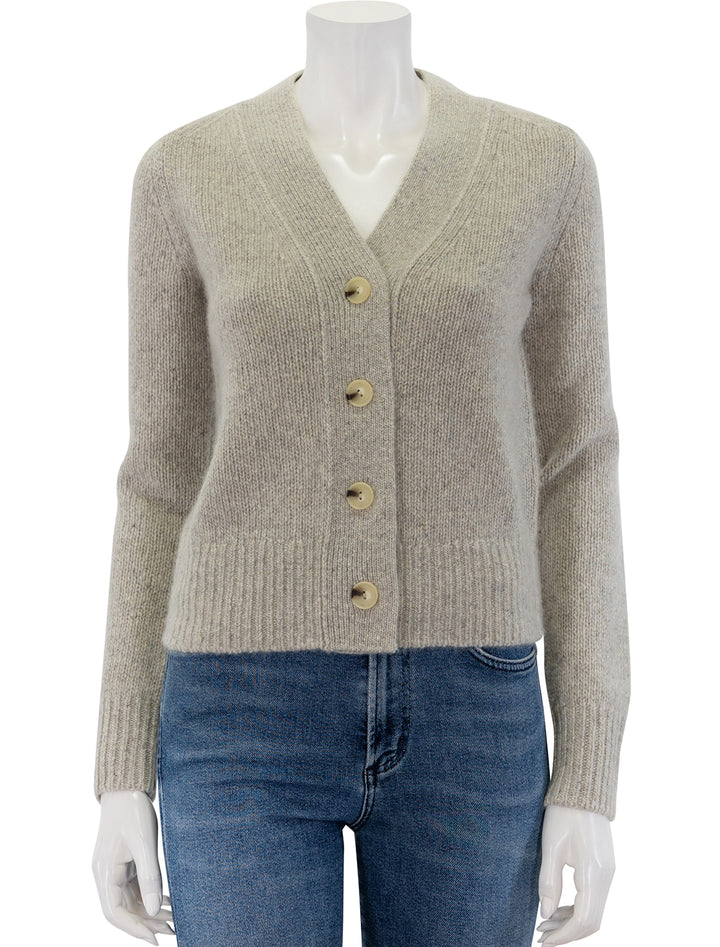 Front view of Vince's donegal cardigan in biscuit.