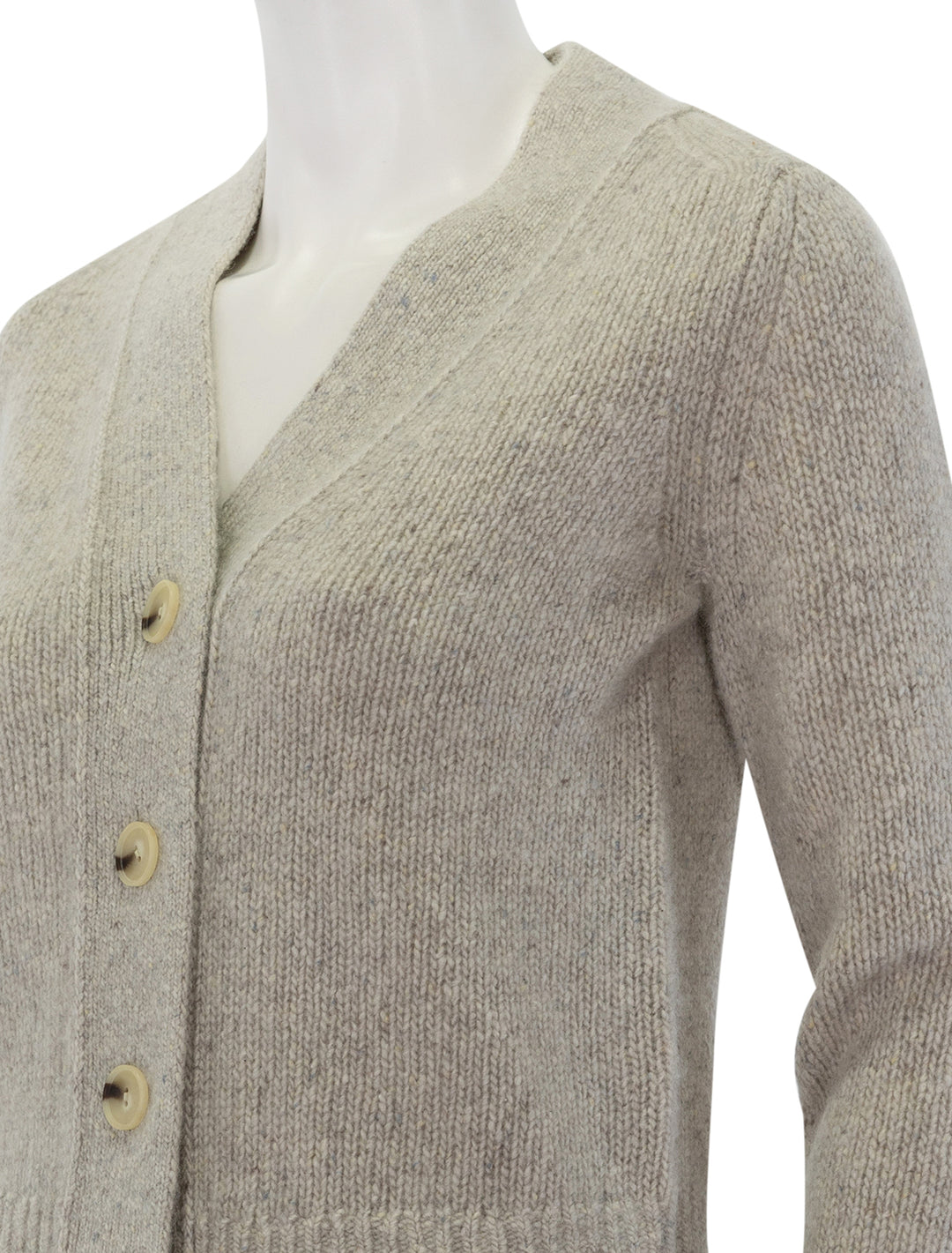 Close-up view of Vince's donegal cardigan in biscuit.