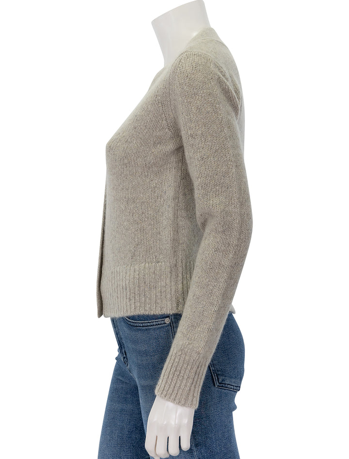 Side view of Vince's donegal cardigan in biscuit.