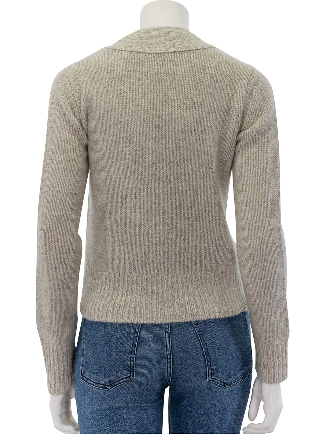 Back view of Vince's donegal cardigan in biscuit.