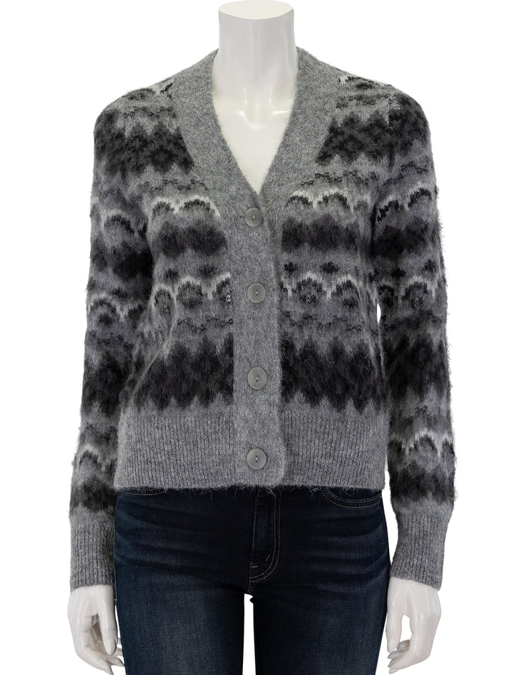 Front view of Vince's fair isle cardigan in heather grey.