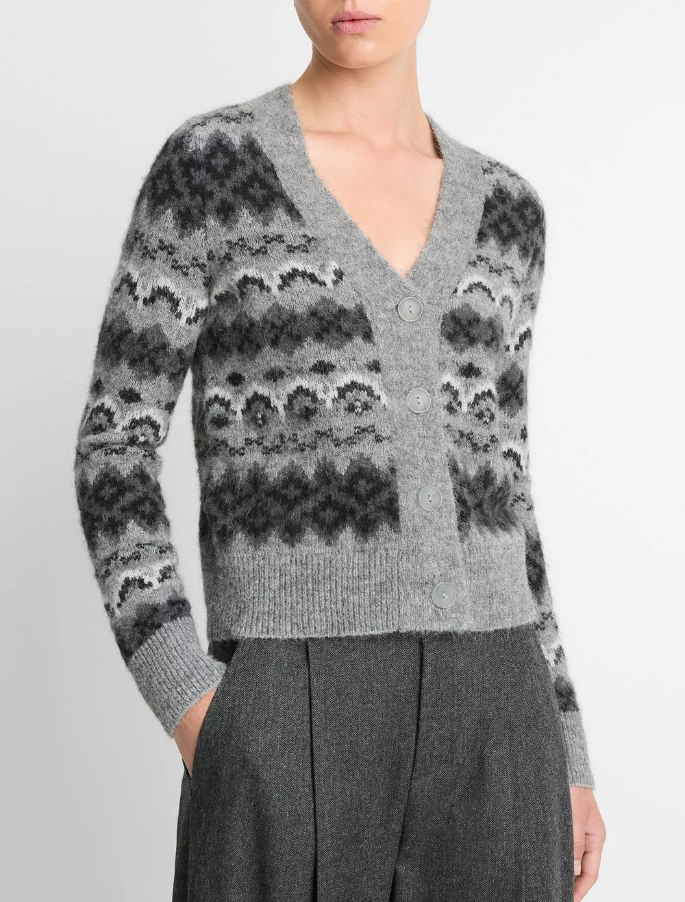 Model wearing Vince's fair isle cardigan in heather grey.