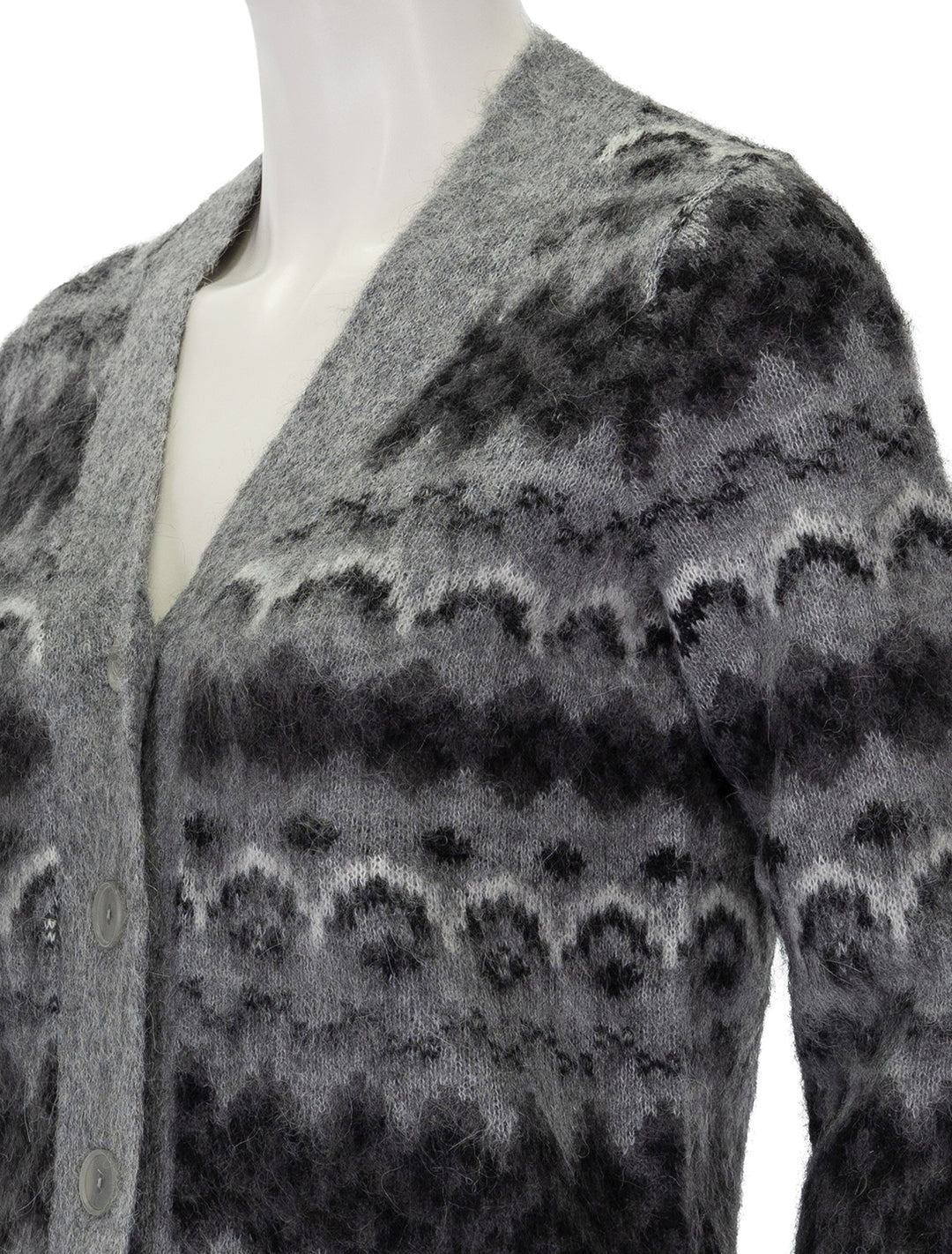 Close-up view of Vince's fair isle cardigan in heather grey.