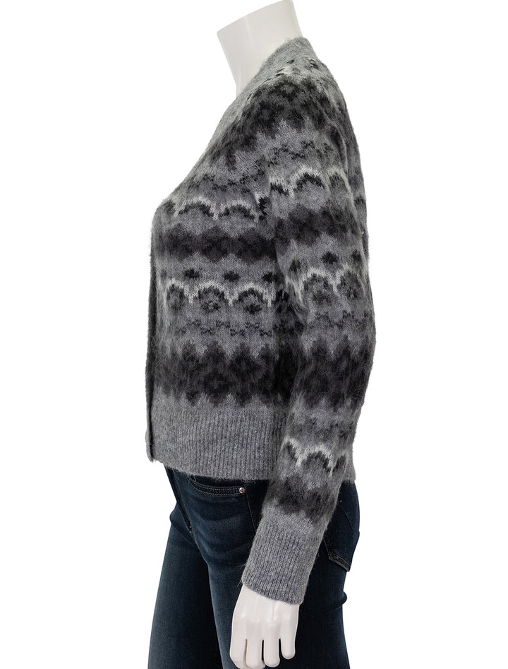 Side view of Vince's fair isle cardigan in heather grey.