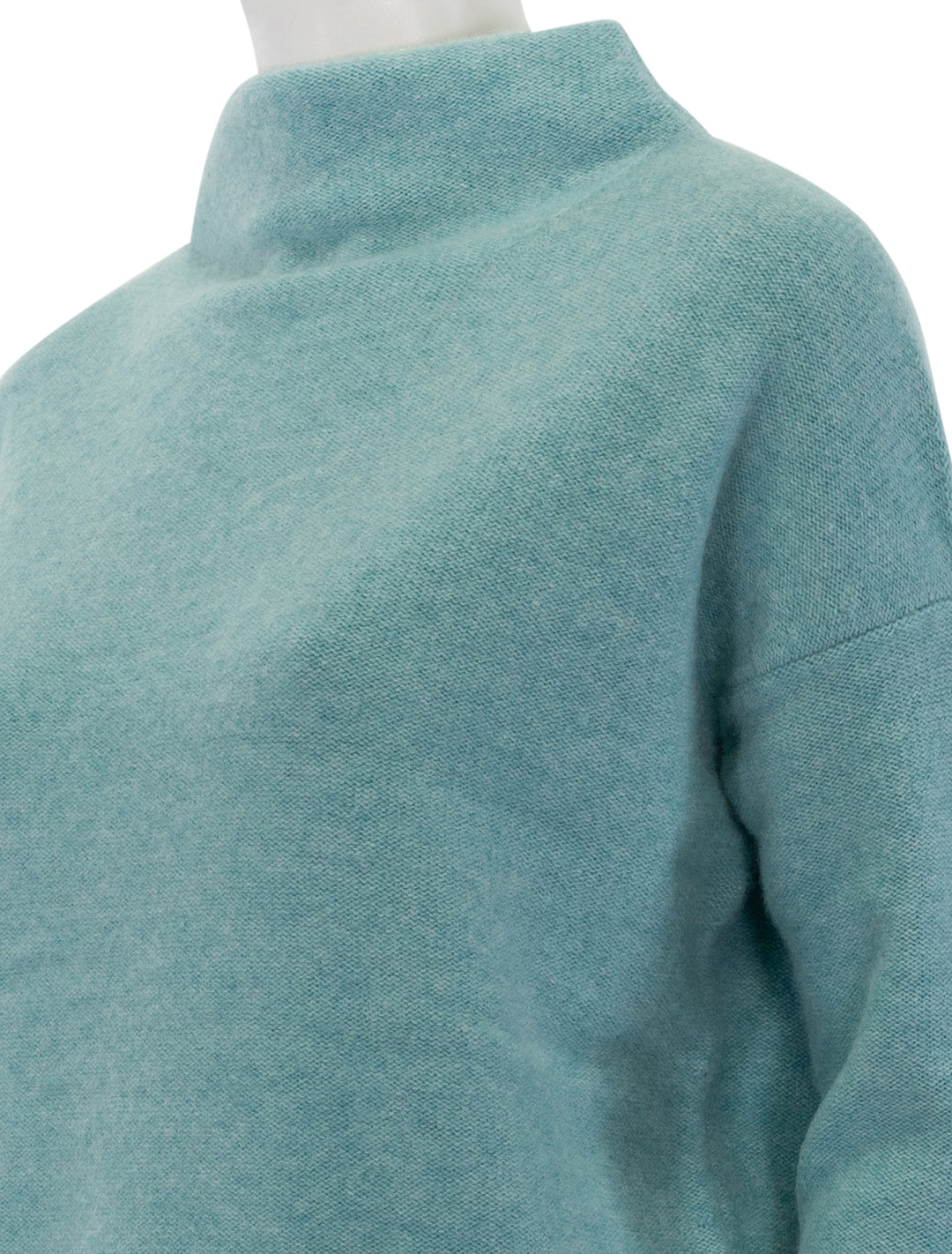 Close-up view of Vince's boiled funnel neck pullover in heather aqua gem.