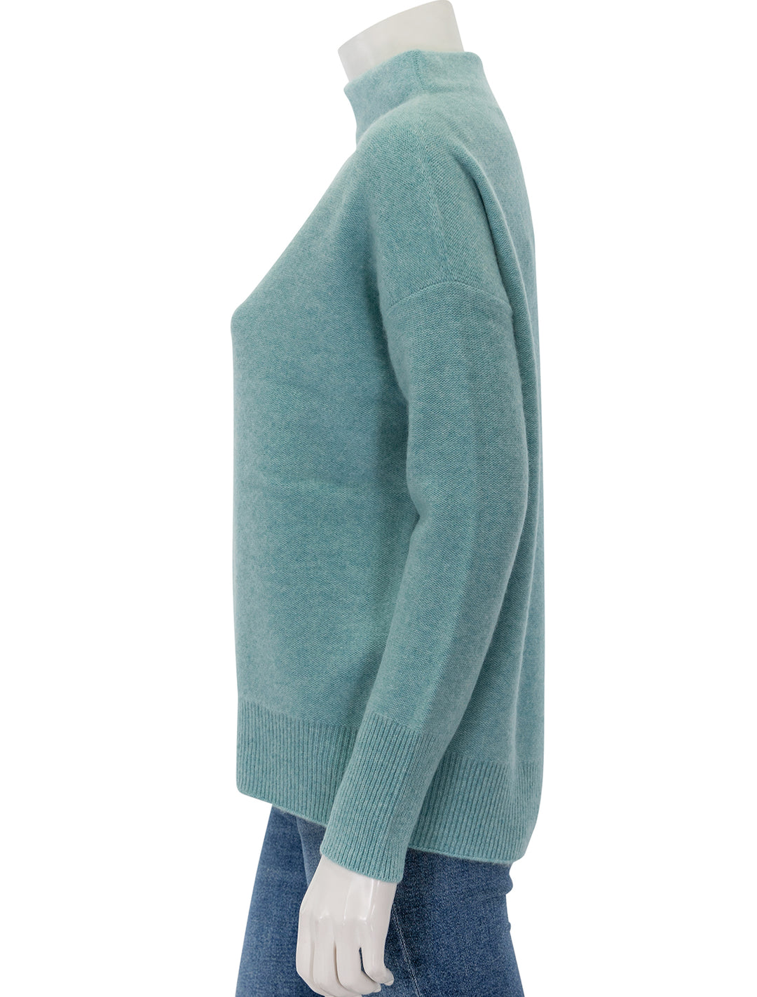 Side view of Vince's boiled funnel neck pullover in heather aqua gem.