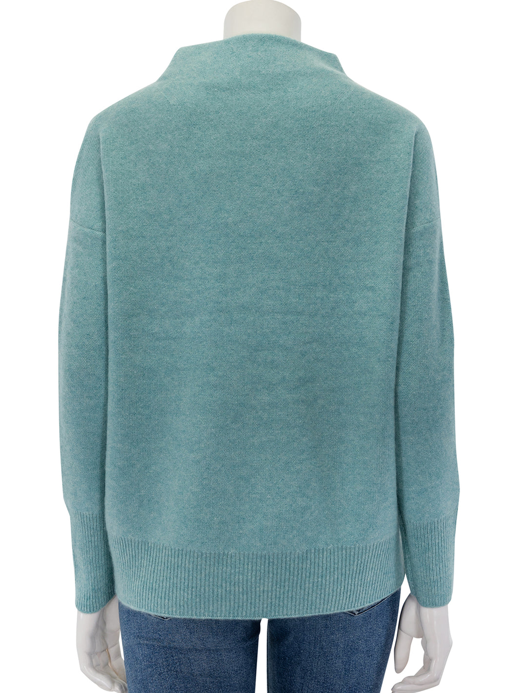 Back view of Vince's boiled funnel neck pullover in heather aqua gem.