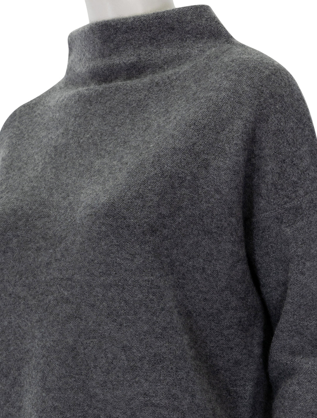 Close-up view of Vince's boiled funnel neck pullover in heather graphite.