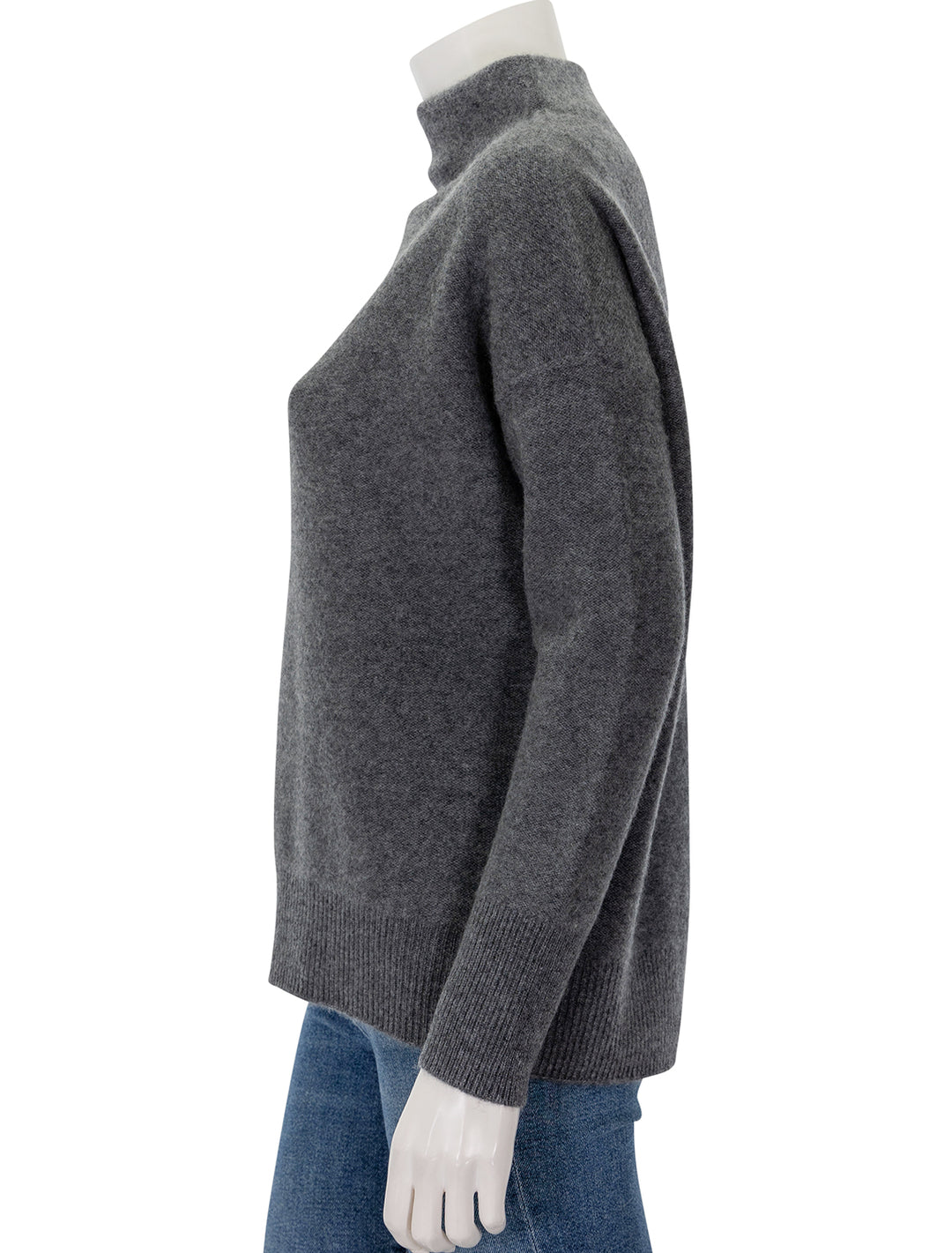 Side view of Vince's boiled funnel neck pullover in heather graphite.