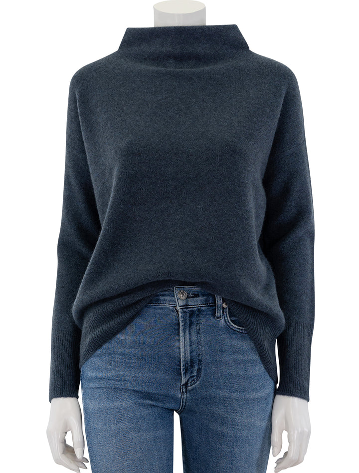 Front view of Vince's boiled funnel neck pullover in heather tidestone.