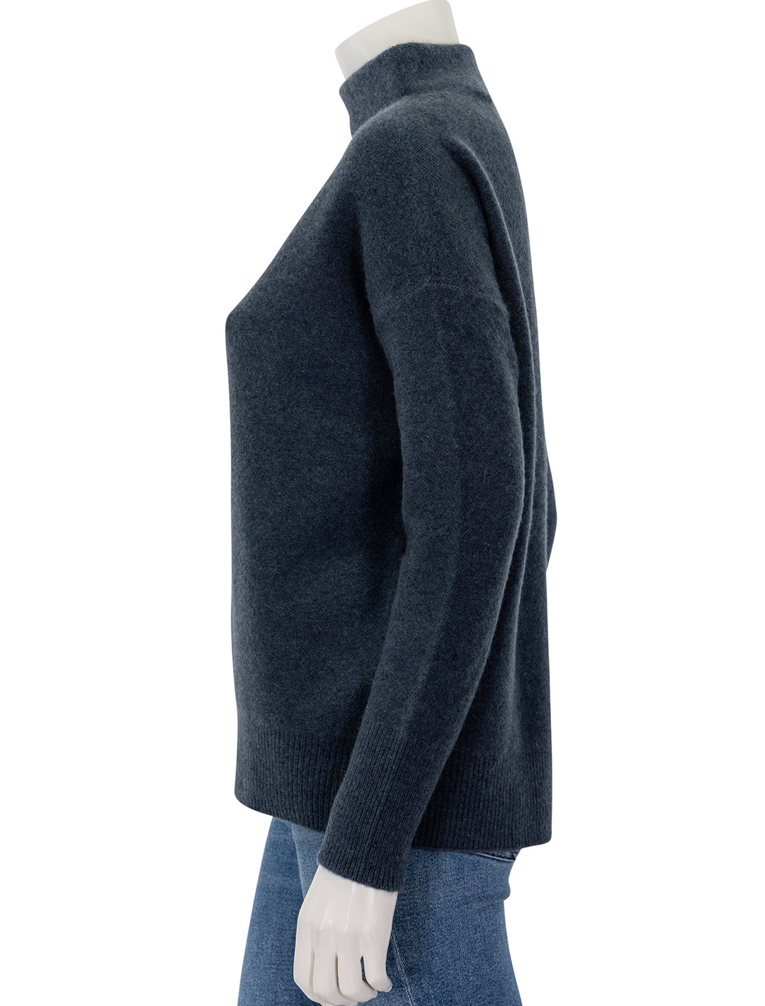 Side view of Vince's boiled funnel neck pullover in heather tidestone.