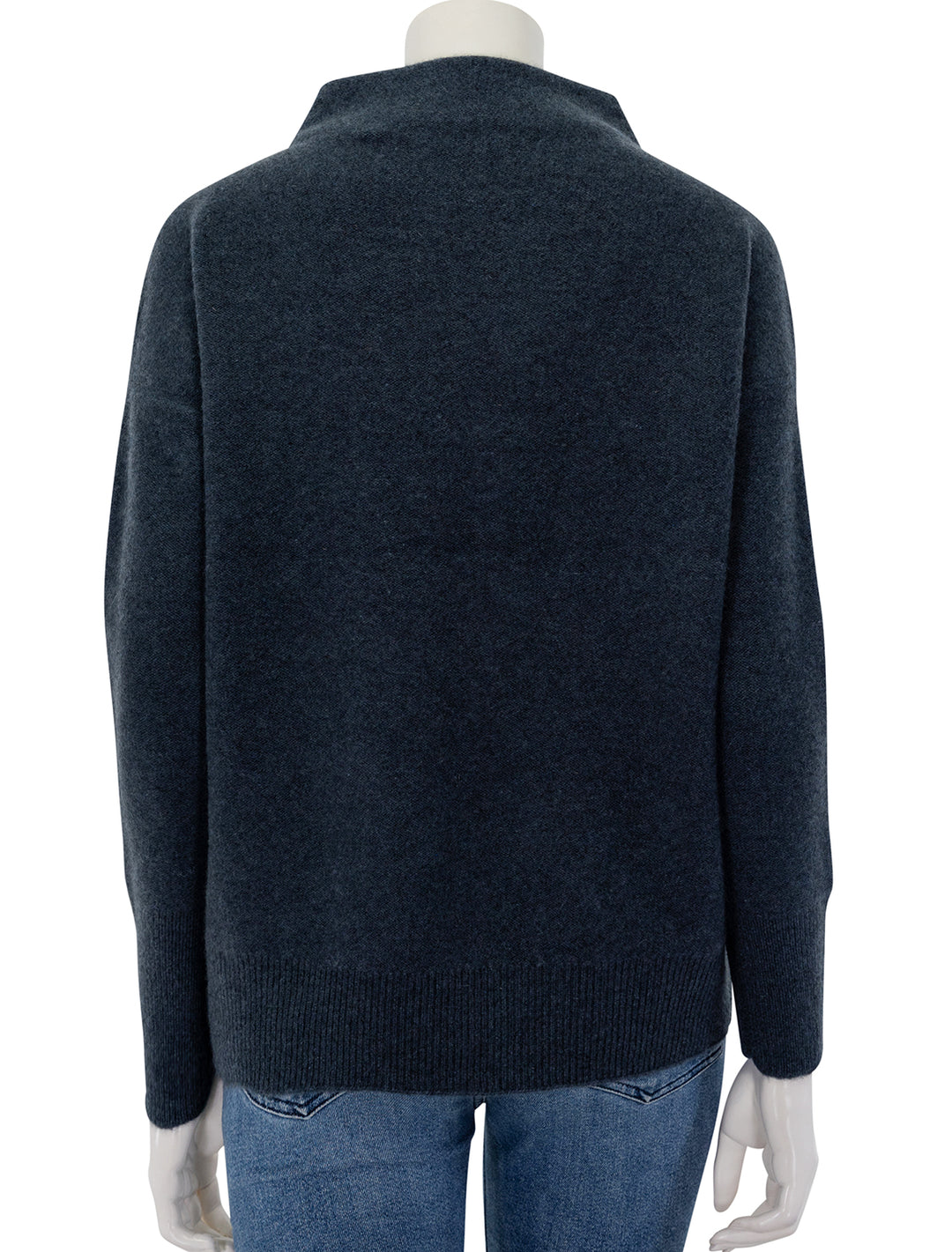 Back view of Vince's boiled funnel neck pullover in heather tidestone.