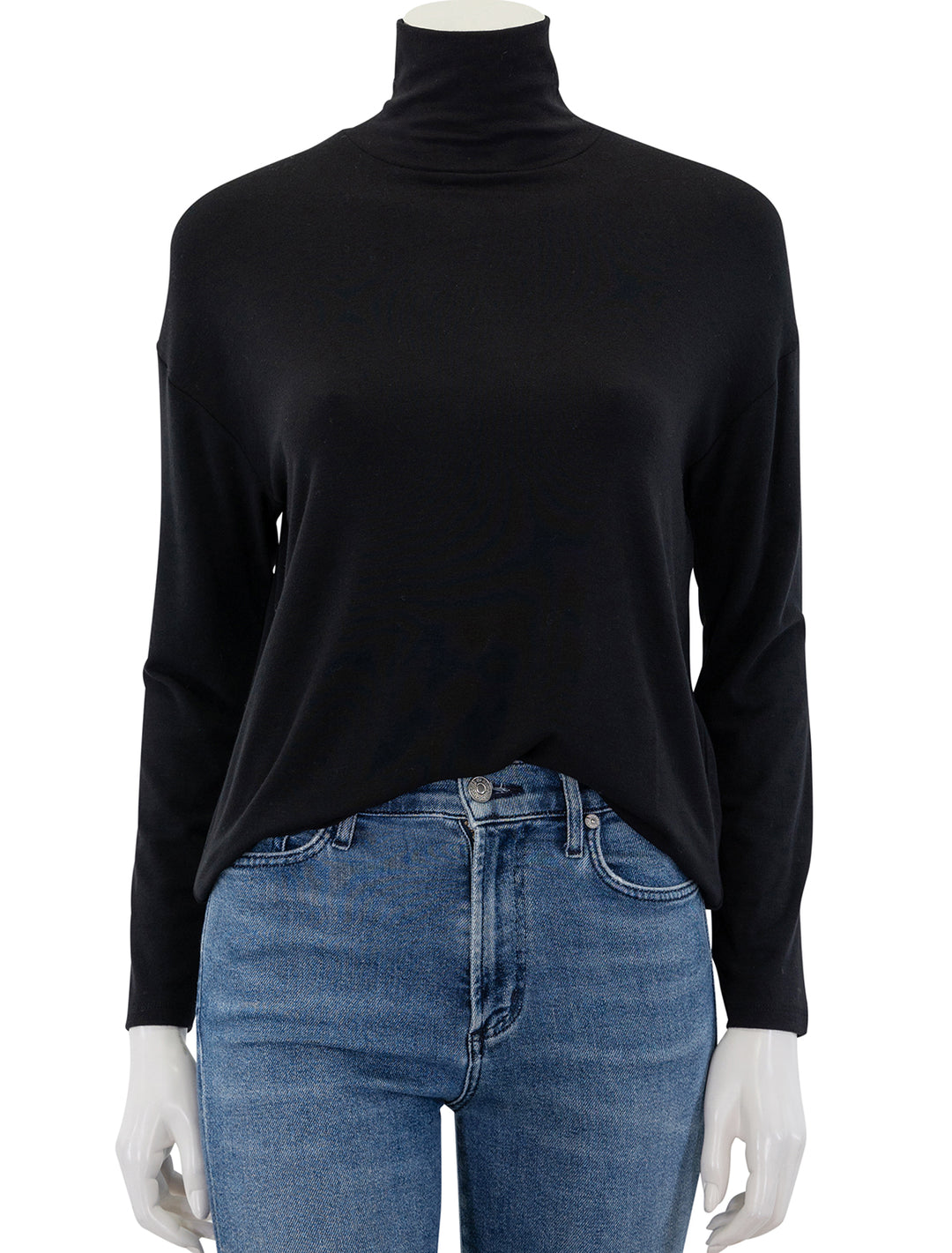 Front view of Vince's relaxed long sleeve turtleneck in black.