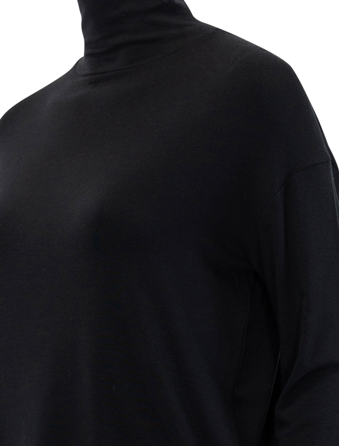 Close-up view of Vince's relaxed long sleeve turtleneck in black.