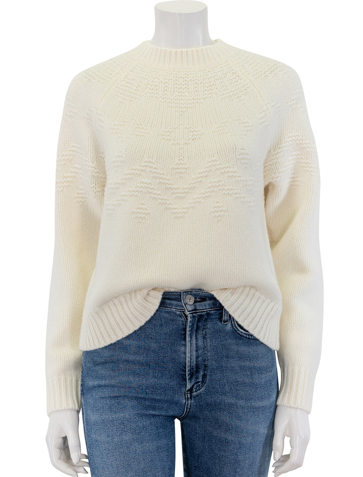 Front view of Vince's textured raglan fair isle in off white.