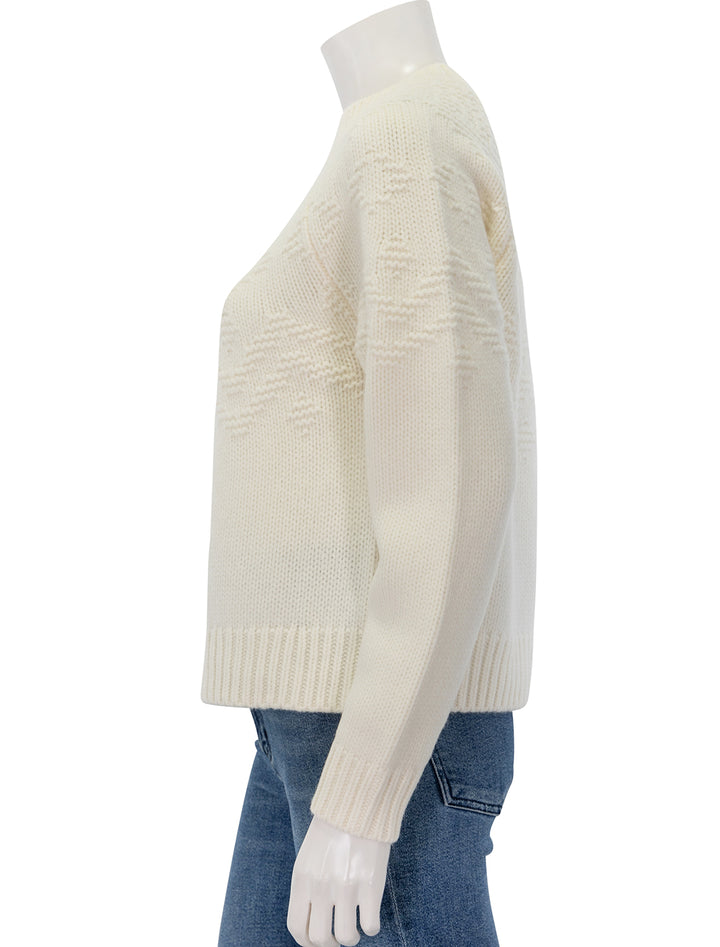 Side view of Vince's textured raglan fair isle in off white.