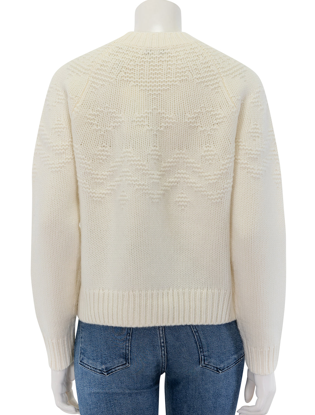 Back view of Vince's textured raglan fair isle in off white.