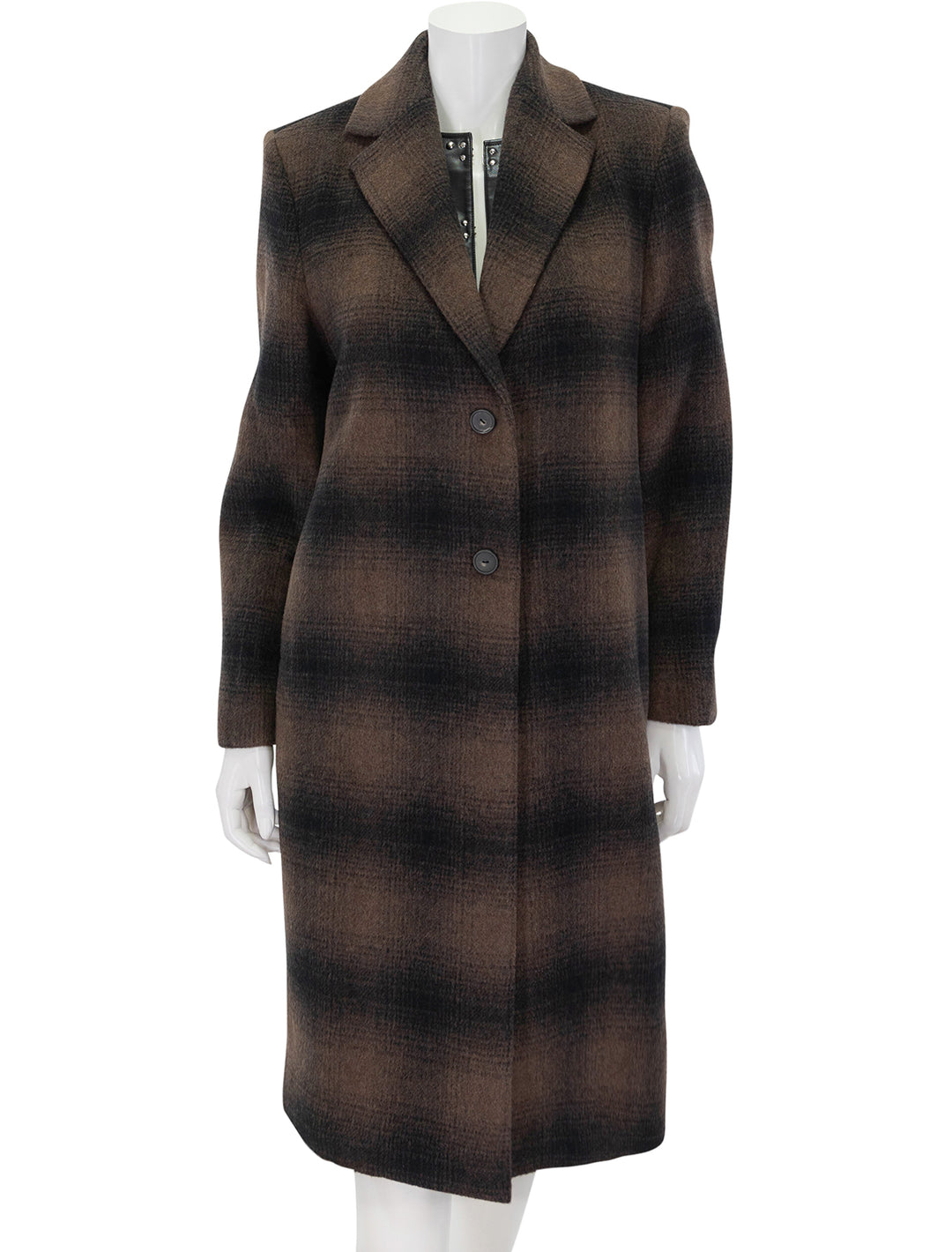 Front view of Vince's shadow plaid car coat in deep walnut, buttoned.