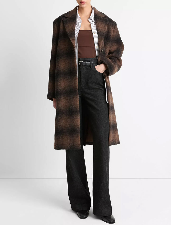 Model wearing Vince's shadow plaid car coat in deep walnut.